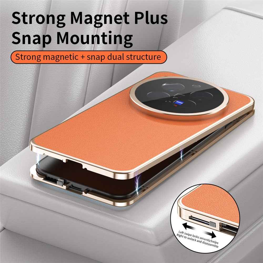 For vivo X300 Pro 5G Case Magnetic Frame Front Tempered Glass Leather PC Back Phone Cover - Orange