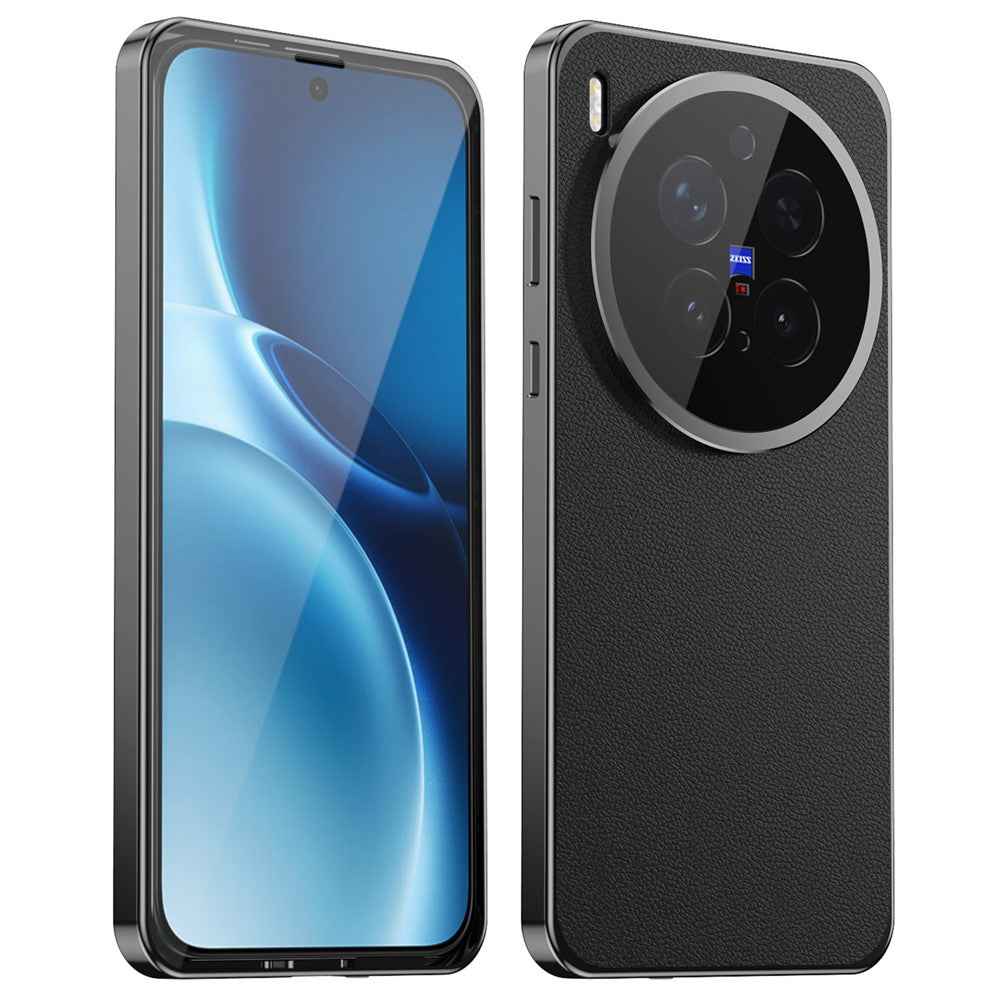 For vivo X300 Pro 5G Case Magnetic Frame Front Tempered Glass Leather PC Back Phone Cover - Black