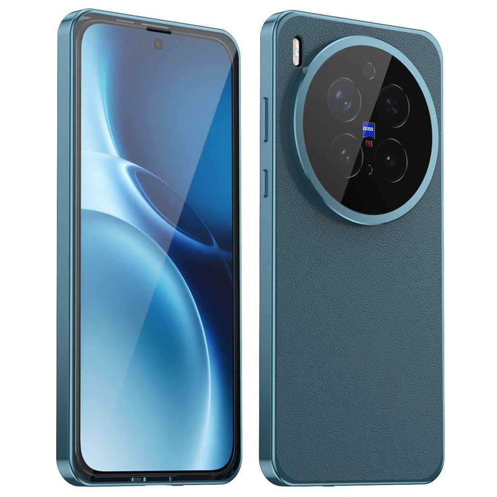 For vivo X300 Pro 5G Case Magnetic Frame Front Tempered Glass Leather PC Back Phone Cover - Green