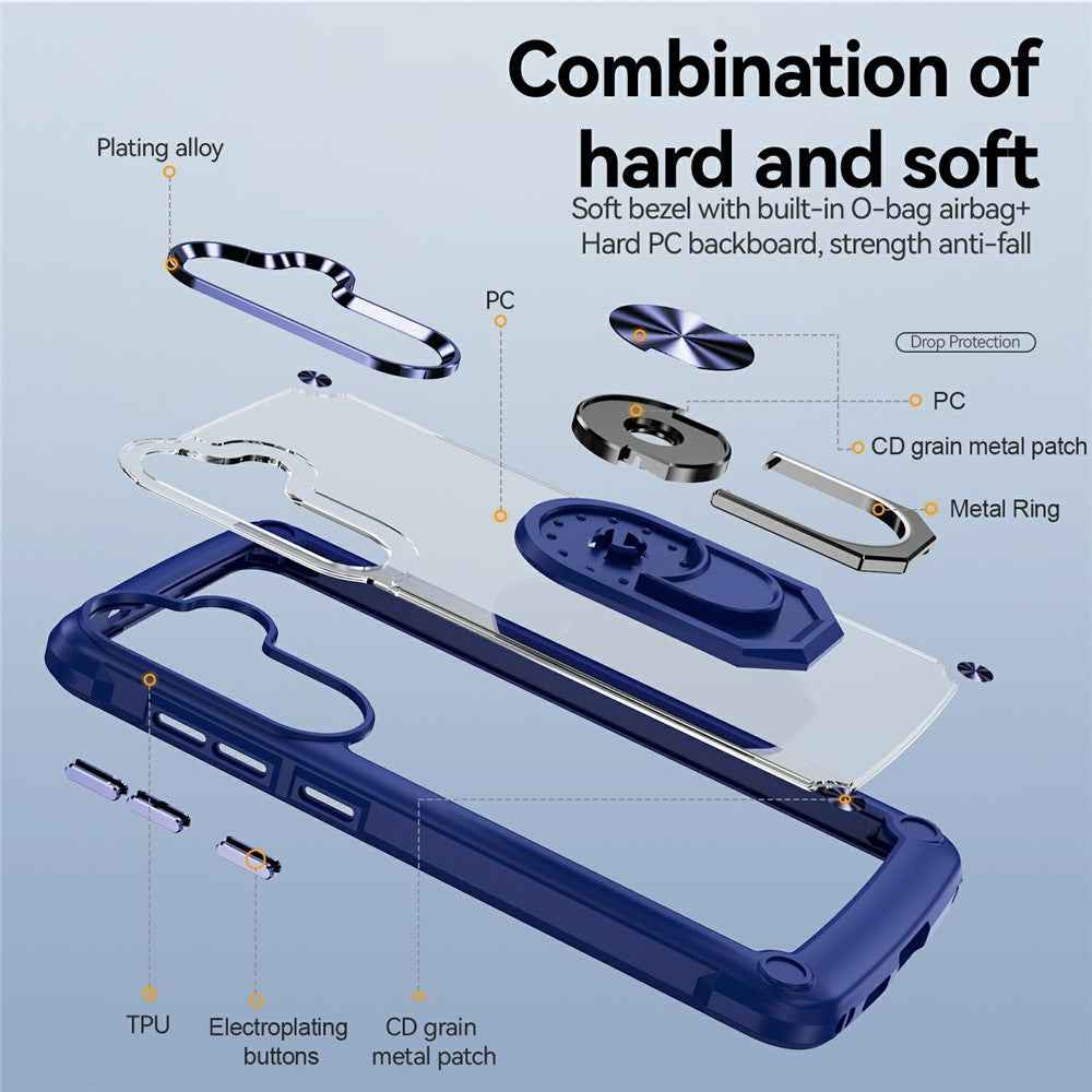 For Samsung Galaxy A57 5G Case Alloy Lens Frame PC + TPU Kickstand Phone Back Cover - Blue