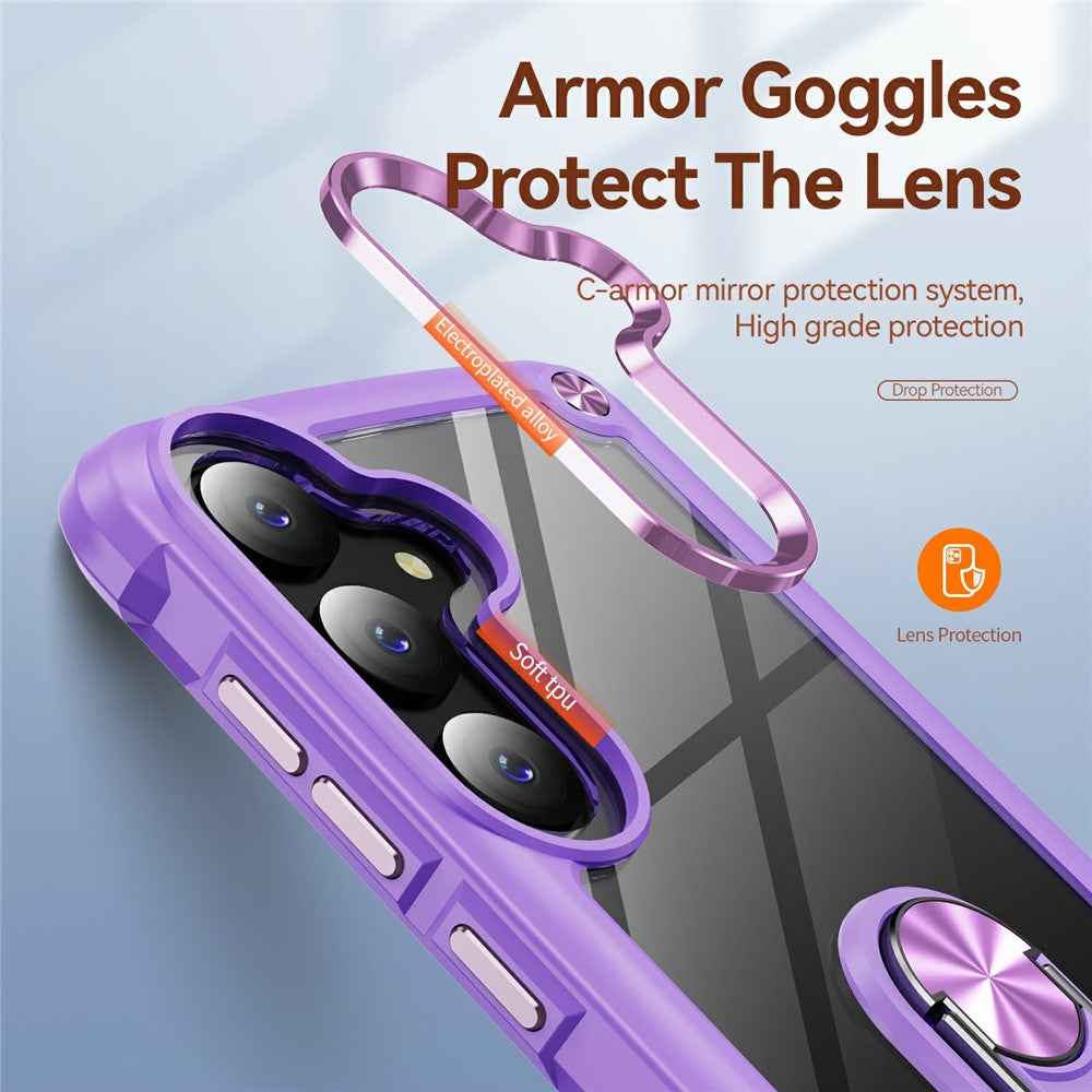 For Samsung Galaxy A57 5G Case Alloy Lens Frame PC + TPU Kickstand Phone Back Cover - Purple