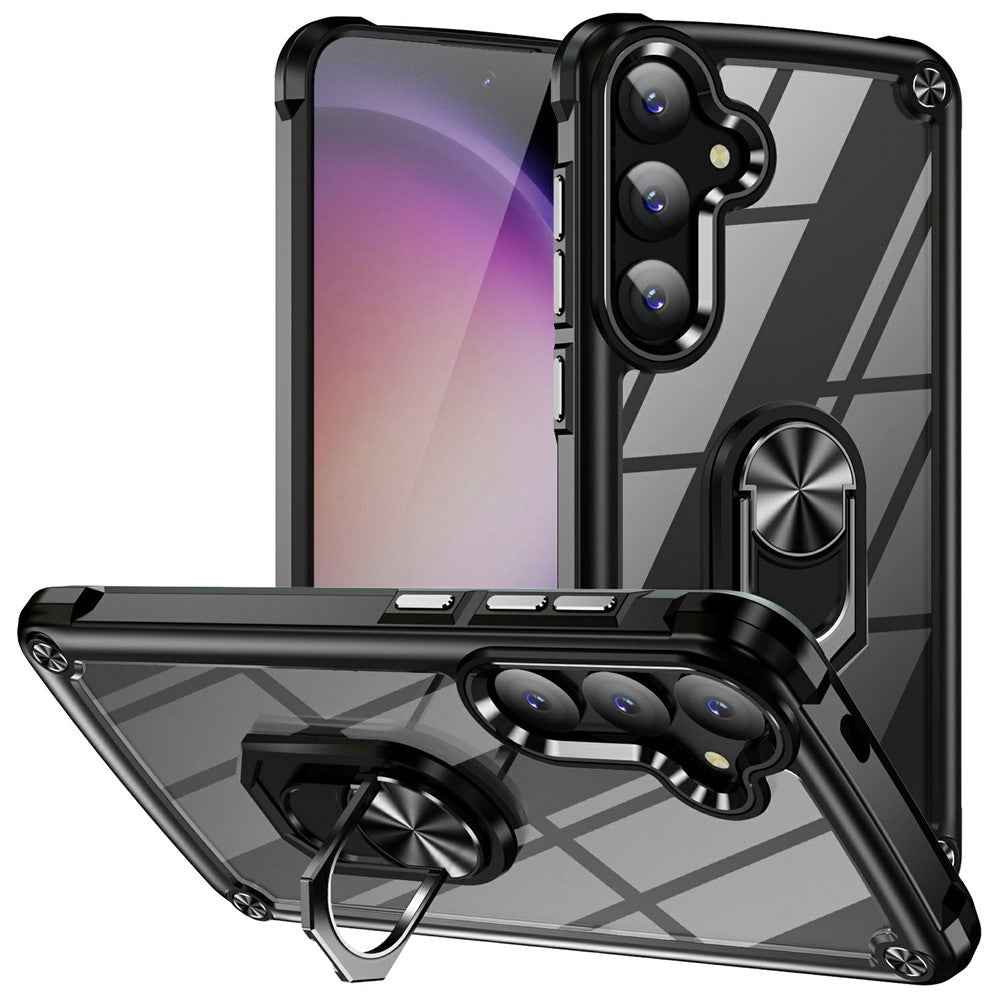 For Samsung Galaxy A57 5G Case Alloy Lens Frame PC + TPU Kickstand Phone Back Cover - Black