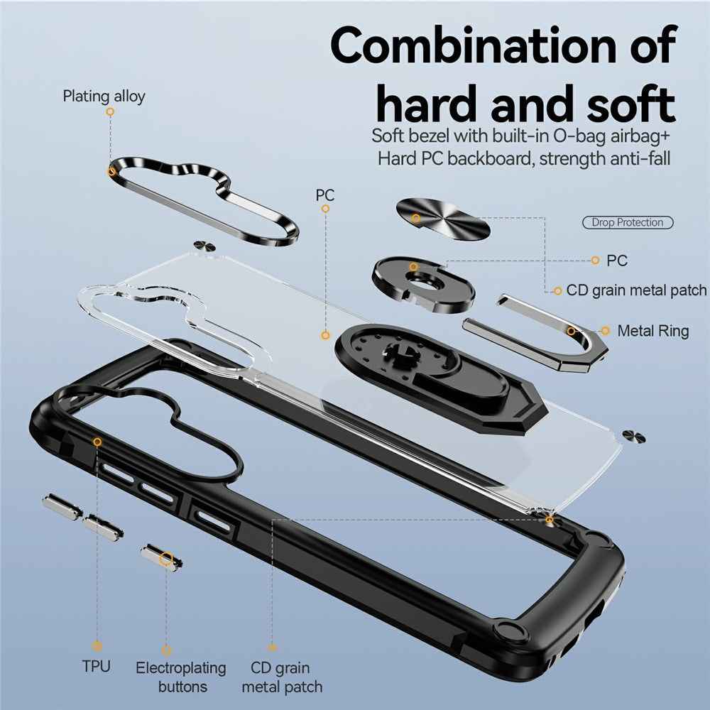 For Samsung Galaxy A57 5G Case Alloy Lens Frame PC + TPU Kickstand Phone Back Cover - Black