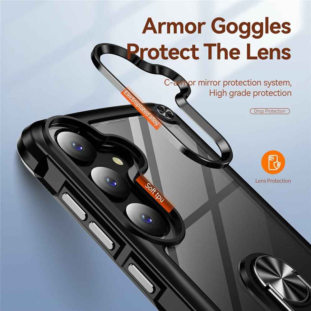 For Samsung Galaxy A57 5G Case Alloy Lens Frame PC + TPU Kickstand Phone Back Cover - Black