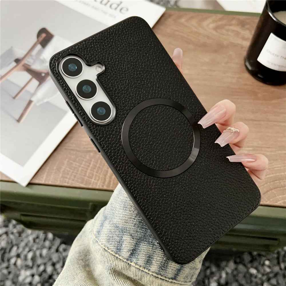 For Samsung Galaxy A57 5G Magnetic Case Litchi Texture PU Leather + TPU Phone Back Cover - Black
