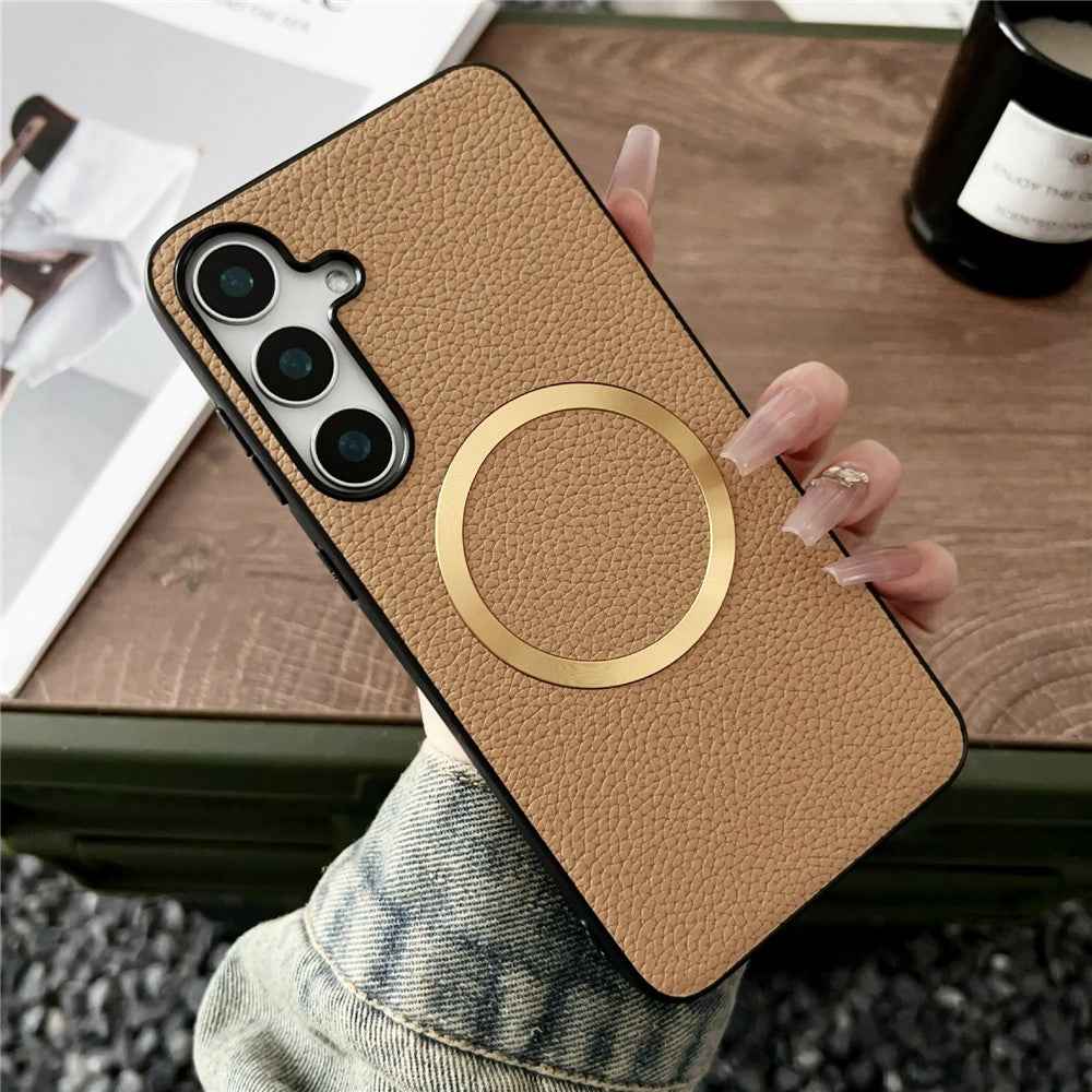 For Samsung Galaxy A57 5G Magnetic Case Litchi Texture PU Leather + TPU Phone Back Cover - Gold