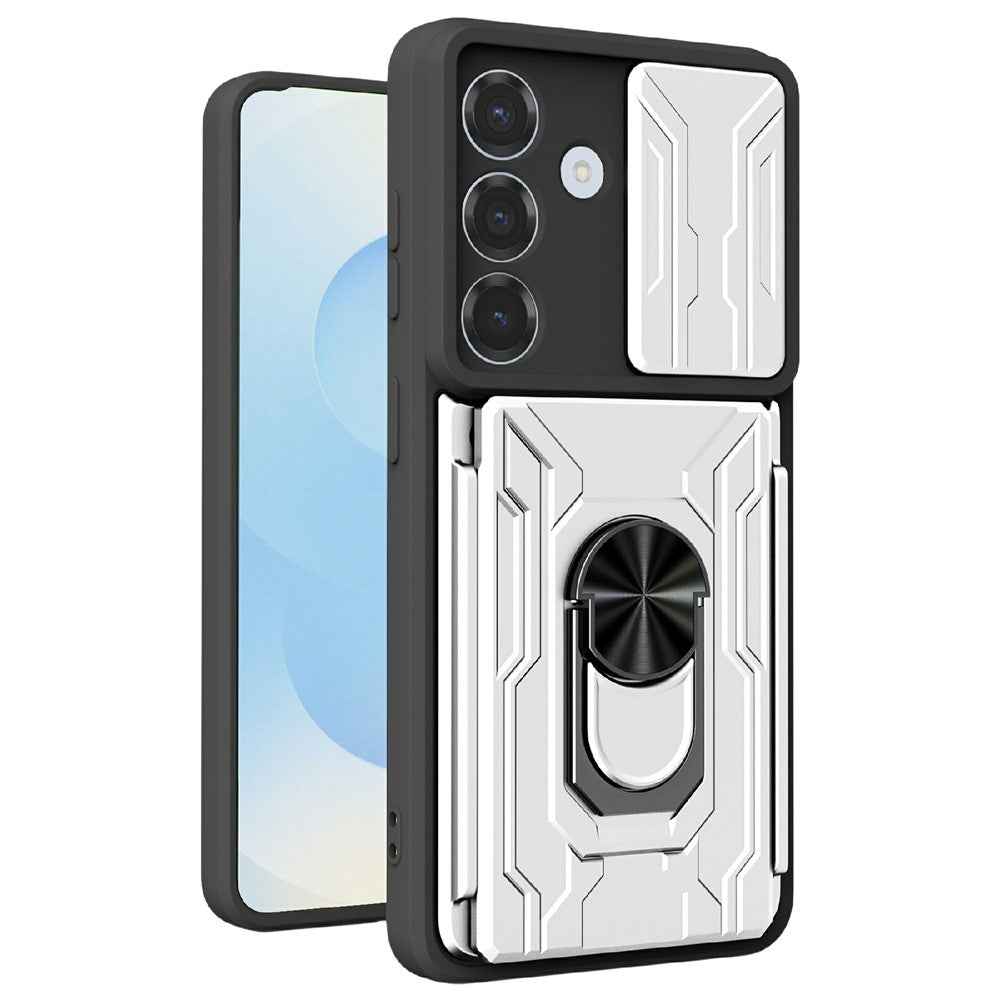 For Samsung Galaxy A57 5G Case PC + TPU Kickstand Phone Back Cover with Camera Slider - White