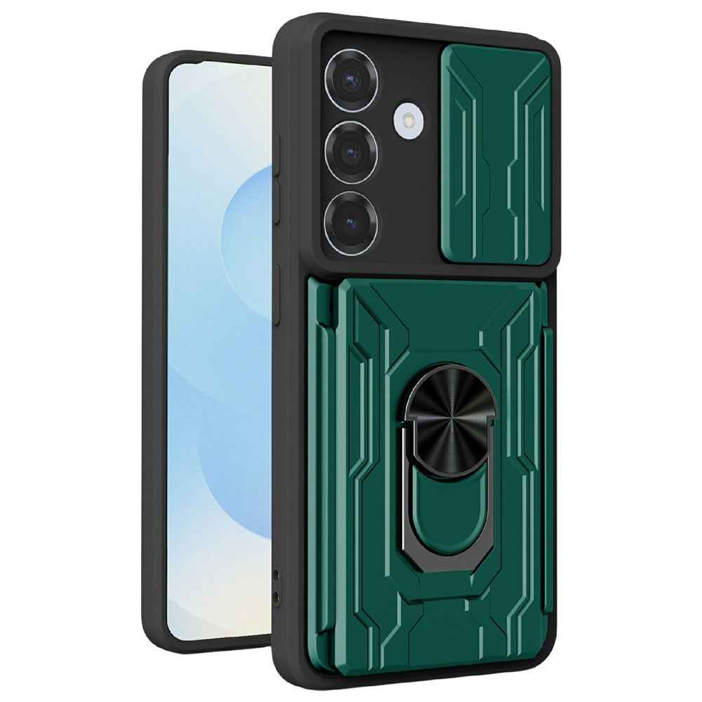 For Samsung Galaxy A57 5G Case PC + TPU Kickstand Phone Back Cover with Camera Slider - Blackish Green