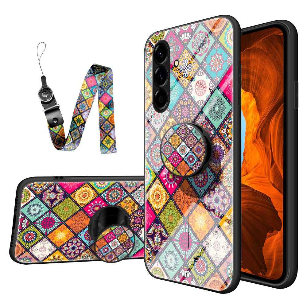 For Samsung Galaxy A57 5G Case Kickstand Ethnic Pattern Tempered Glass Phone Cover with Strap - Color Pattern