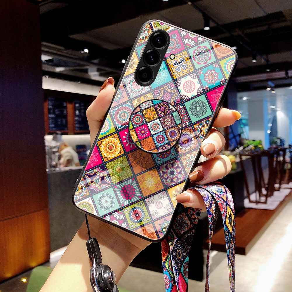 For Samsung Galaxy A57 5G Case Kickstand Ethnic Pattern Tempered Glass Phone Cover with Strap - Color Pattern