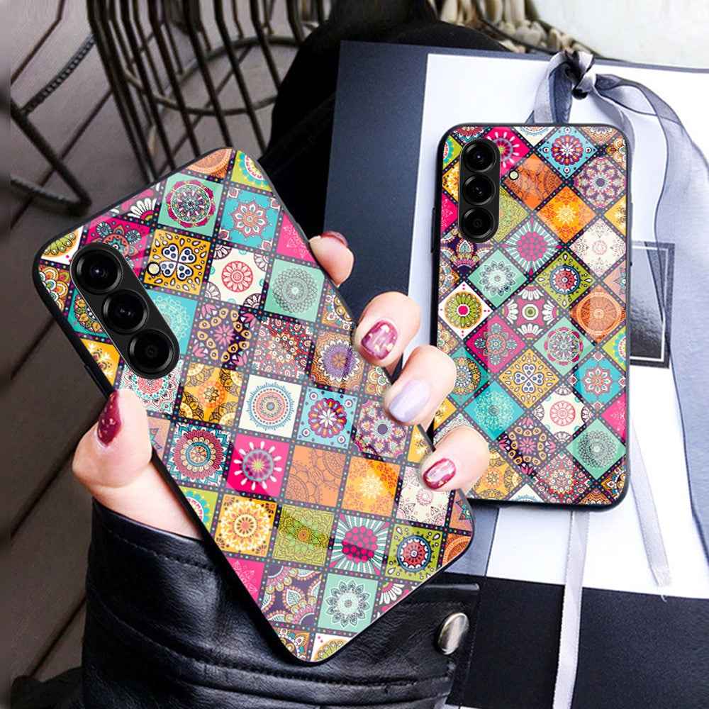 For Samsung Galaxy A57 5G Case Kickstand Ethnic Pattern Tempered Glass Phone Cover with Strap - Color Pattern