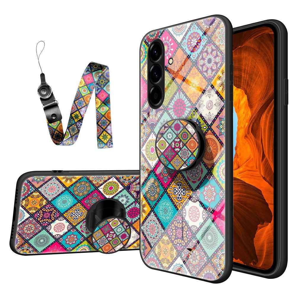 For Samsung Galaxy A57 5G Case Kickstand Ethnic Pattern Tempered Glass Phone Cover with Strap - Checkered Pattern
