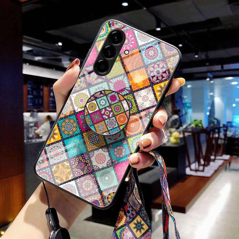 For Samsung Galaxy A57 5G Case Kickstand Ethnic Pattern Tempered Glass Phone Cover with Strap - Checkered Pattern