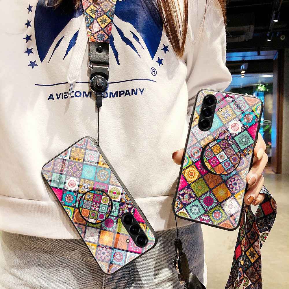 For Samsung Galaxy A57 5G Case Kickstand Ethnic Pattern Tempered Glass Phone Cover with Strap - Checkered Pattern