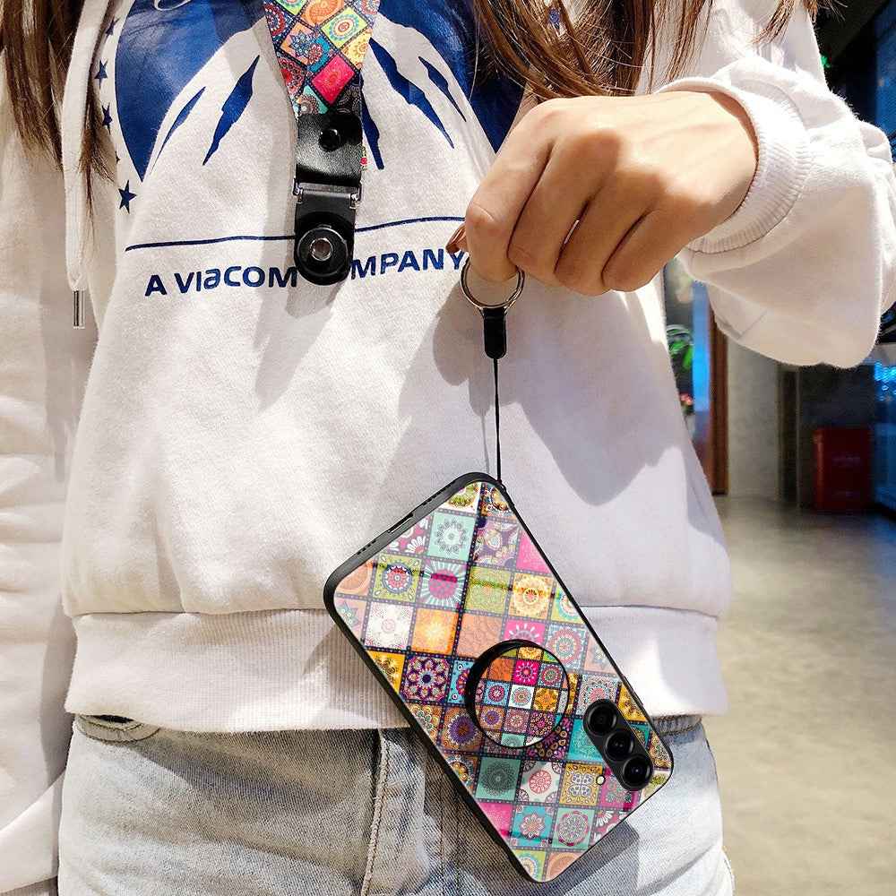 For Samsung Galaxy A57 5G Case Kickstand Ethnic Pattern Tempered Glass Phone Cover with Strap - Checkered Pattern