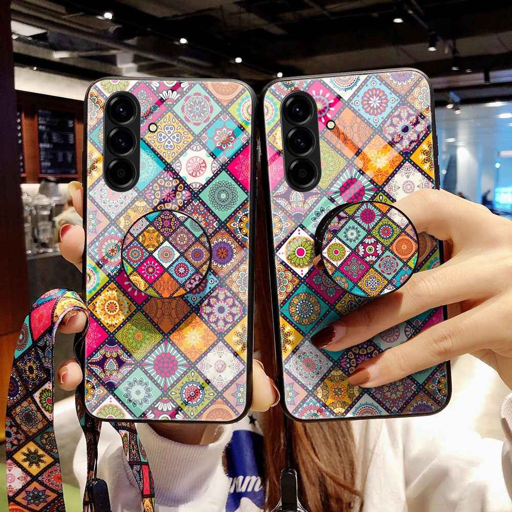 For Samsung Galaxy A57 5G Case Kickstand Ethnic Pattern Tempered Glass Phone Cover with Strap - Checkered Pattern