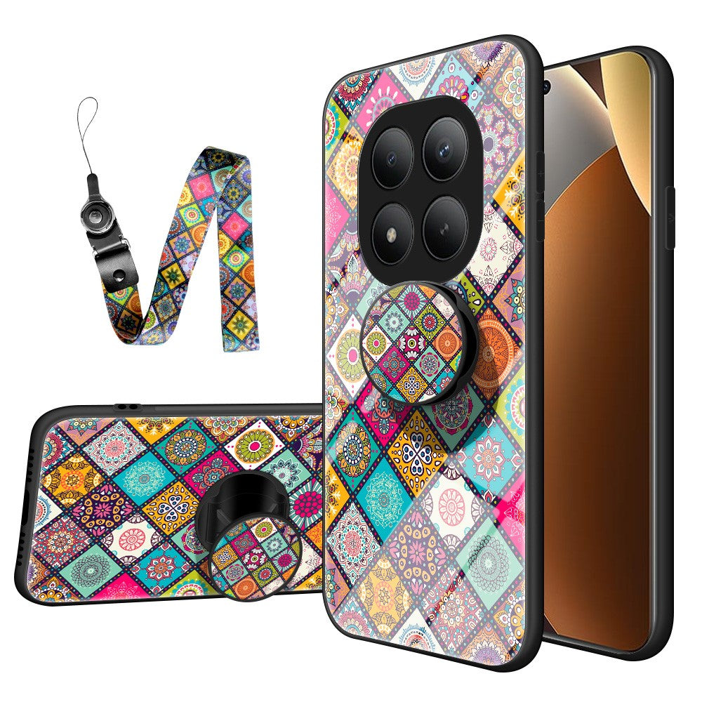 For Xiaomi Poco M8 Pro 5G / Redmi Note 15 Pro+ 5G (Global) Case Kickstand Ethnic Pattern Tempered Glass Phone Cover with Strap - Checkered Pattern