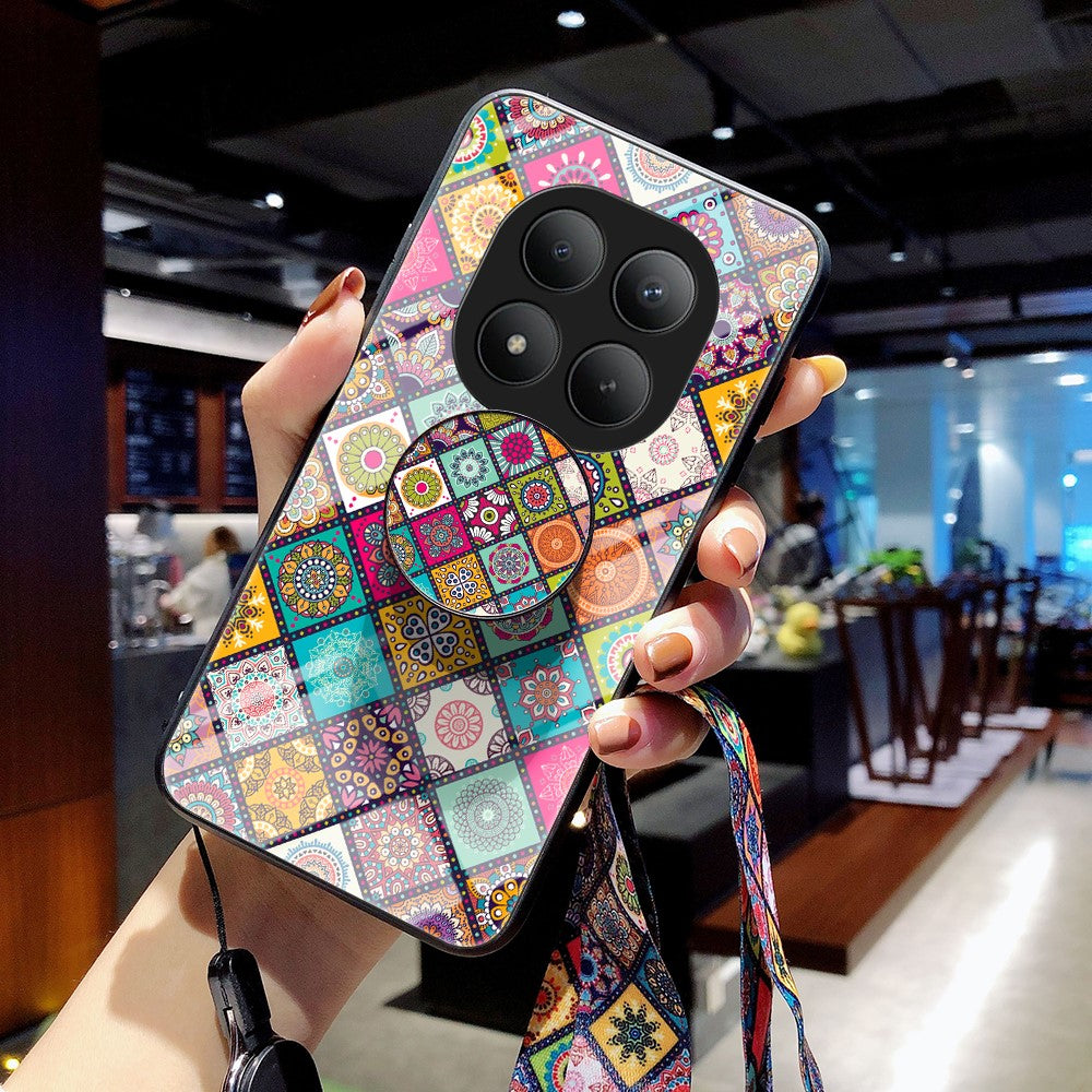 For Xiaomi Poco M8 Pro 5G / Redmi Note 15 Pro+ 5G (Global) Case Kickstand Ethnic Pattern Tempered Glass Phone Cover with Strap - Checkered Pattern