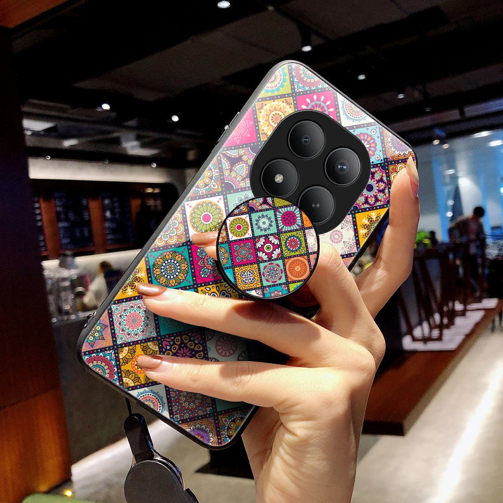 For Xiaomi Poco M8 Pro 5G / Redmi Note 15 Pro+ 5G (Global) Case Kickstand Ethnic Pattern Tempered Glass Phone Cover with Strap - Checkered Pattern