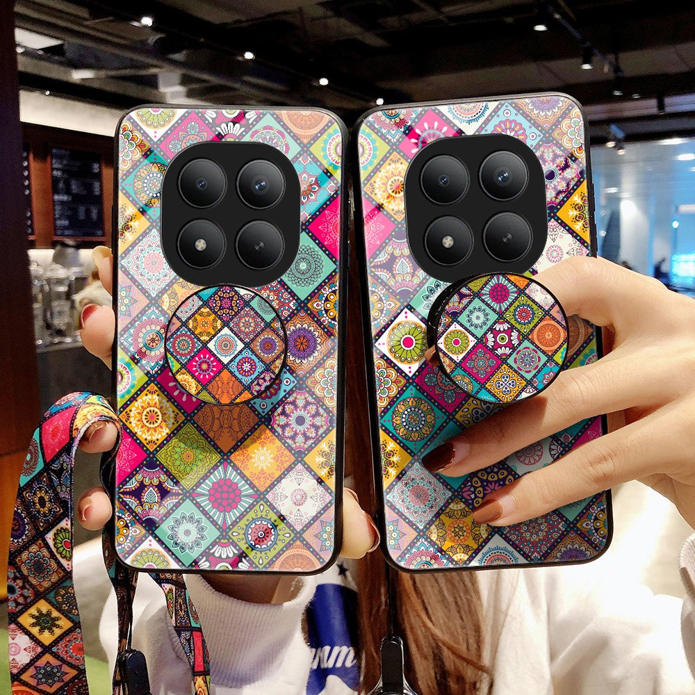 For Xiaomi Poco M8 Pro 5G / Redmi Note 15 Pro+ 5G (Global) Case Kickstand Ethnic Pattern Tempered Glass Phone Cover with Strap - Checkered Pattern