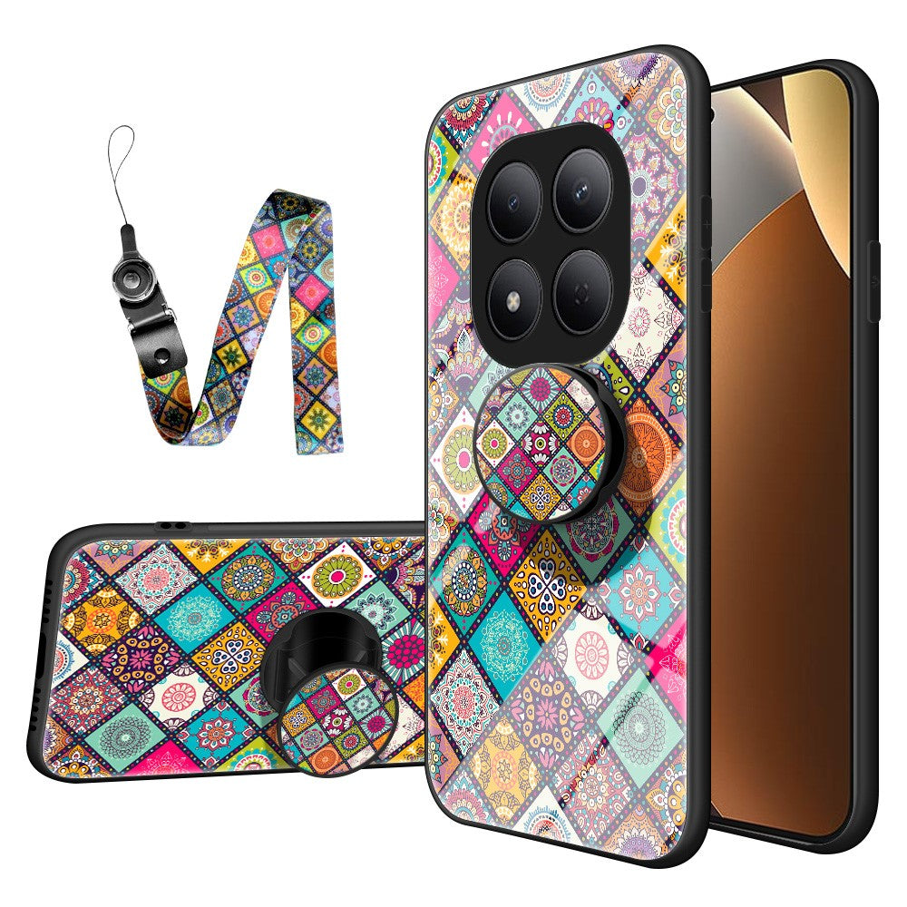 For Xiaomi Redmi Note 15 Pro 5G (Global) Case Kickstand Ethnic Pattern Tempered Glass Phone Cover with Strap - Checkered Pattern