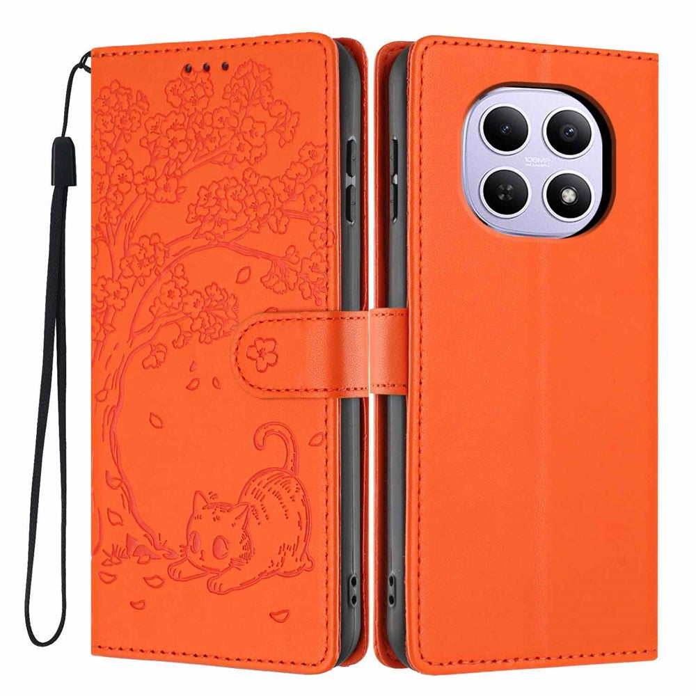 For Xiaomi Poco M8 5G / Redmi Note 15 5G (Global) Stand Case Tree-and-Cat Pattern PU Leather Wallet Protective Phone Cover with Wrist Strap - Orange