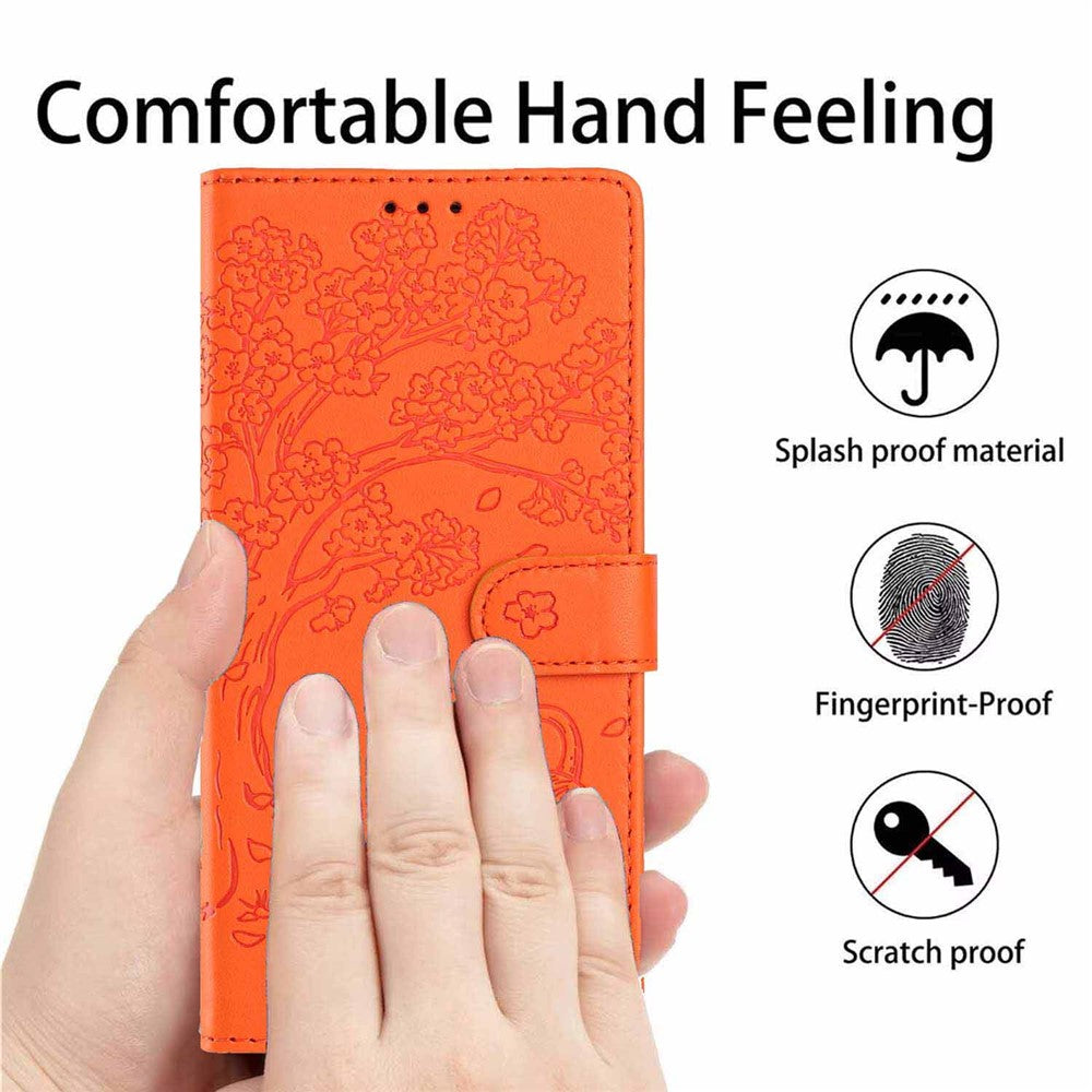 For Xiaomi Poco M8 5G / Redmi Note 15 5G (Global) Stand Case Tree-and-Cat Pattern PU Leather Wallet Protective Phone Cover with Wrist Strap - Orange