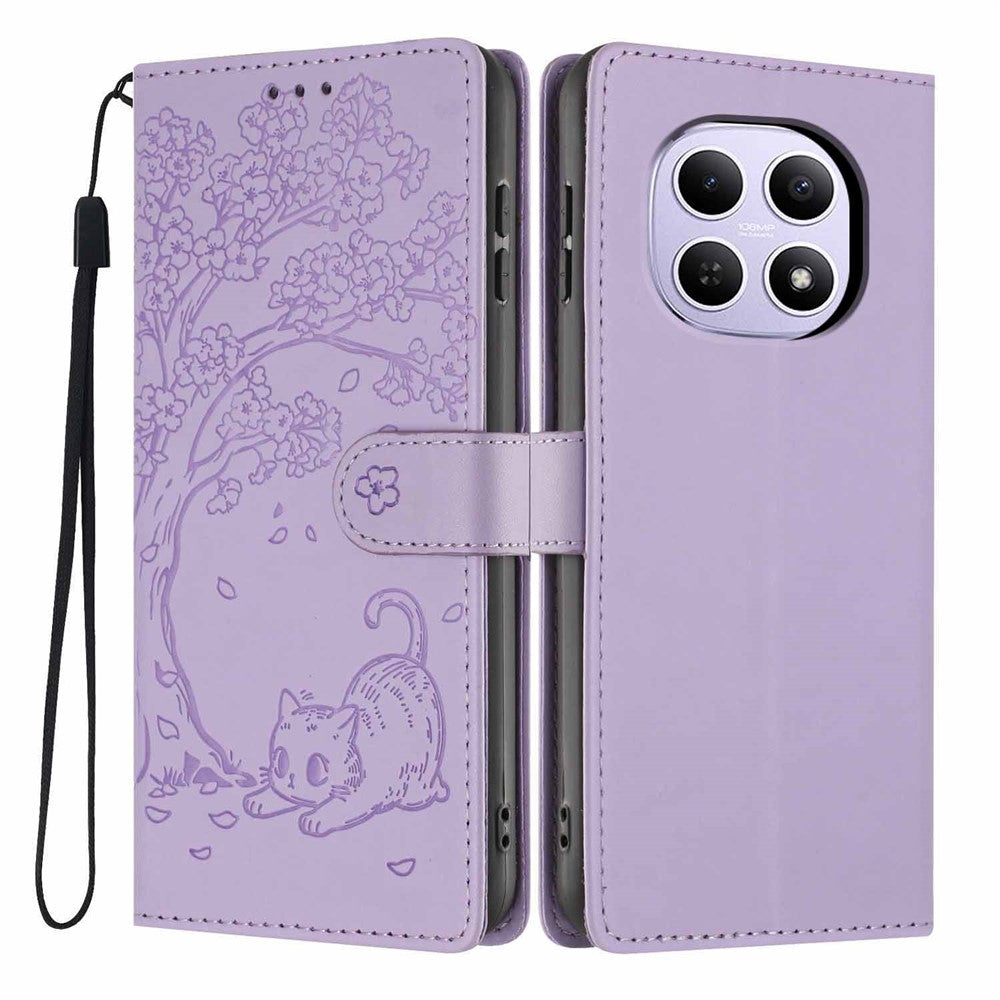 For Xiaomi Poco M8 5G / Redmi Note 15 5G (Global) Stand Case Tree-and-Cat Pattern PU Leather Wallet Protective Phone Cover with Wrist Strap - Purple