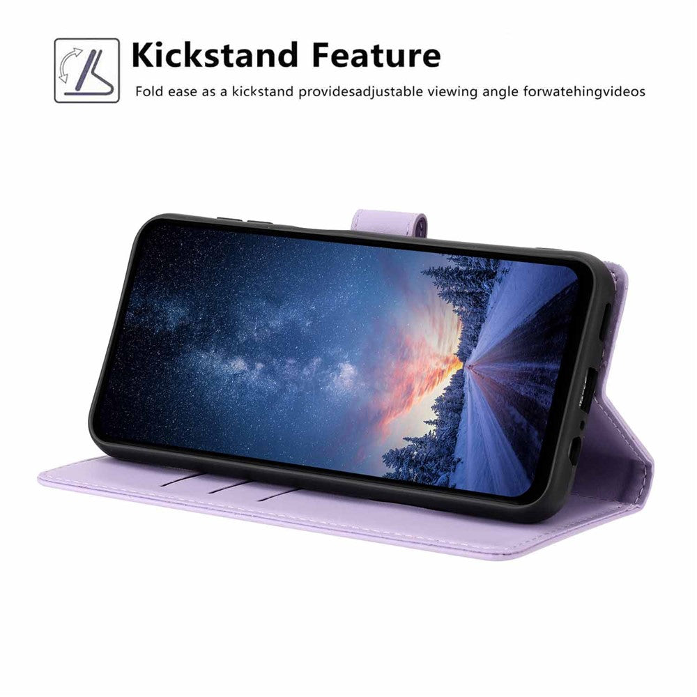 For Xiaomi Poco M8 5G / Redmi Note 15 5G (Global) Stand Case Tree-and-Cat Pattern PU Leather Wallet Protective Phone Cover with Wrist Strap - Purple