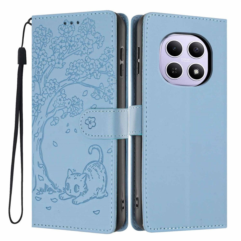 For Xiaomi Poco M8 5G / Redmi Note 15 5G (Global) Stand Case Tree-and-Cat Pattern PU Leather Wallet Protective Phone Cover with Wrist Strap - Sky Blue