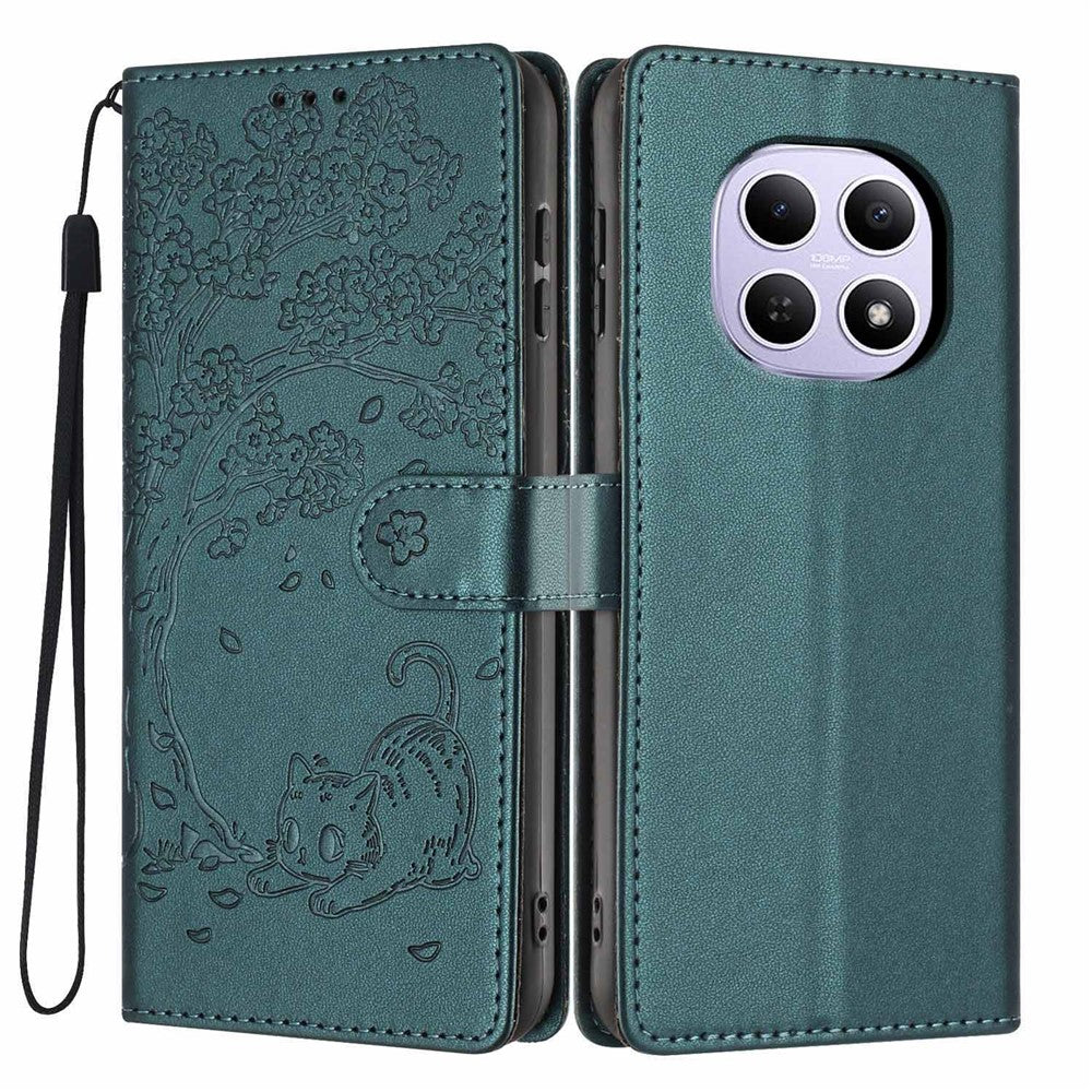 For Xiaomi Poco M8 5G / Redmi Note 15 5G (Global) Stand Case Tree-and-Cat Pattern PU Leather Wallet Protective Phone Cover with Wrist Strap - Blackish Green