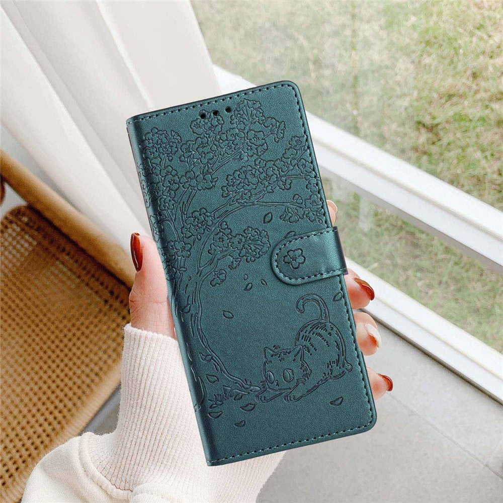 For Xiaomi Poco M8 5G / Redmi Note 15 5G (Global) Stand Case Tree-and-Cat Pattern PU Leather Wallet Protective Phone Cover with Wrist Strap - Blackish Green