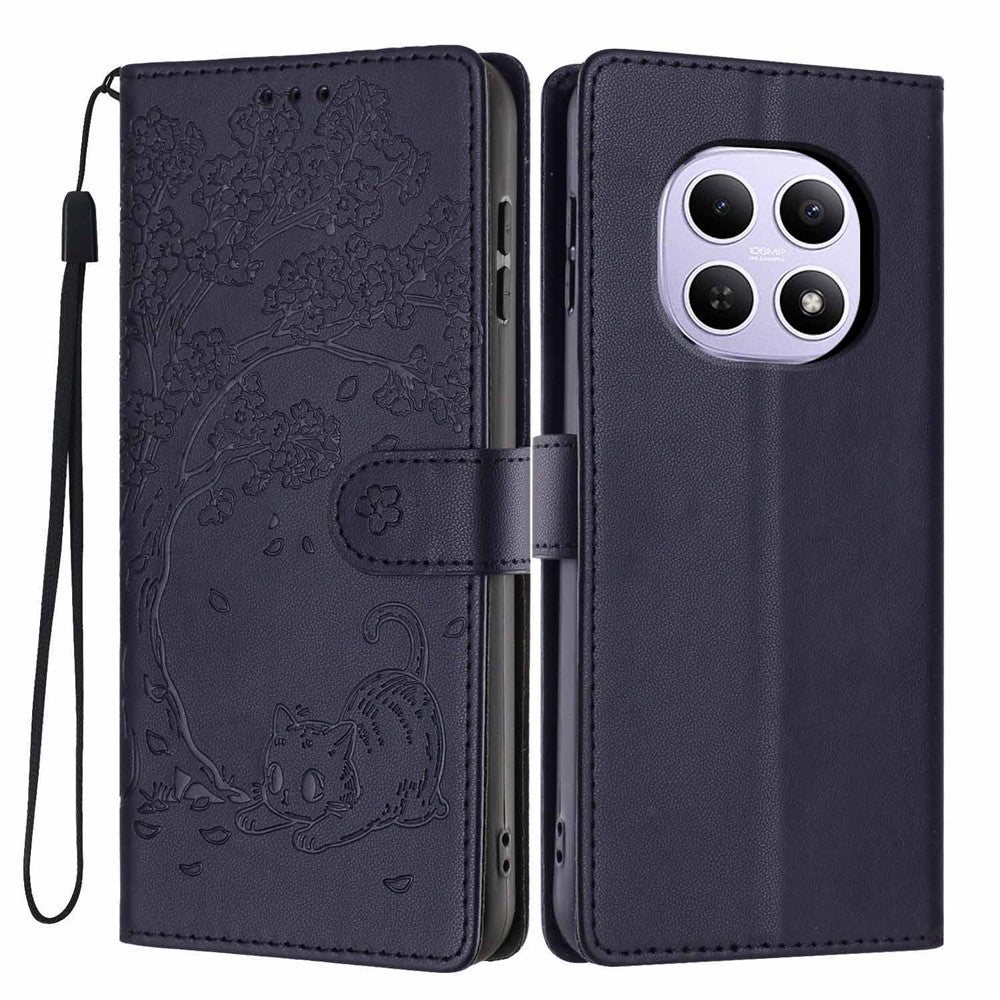 For Xiaomi Poco M8 5G / Redmi Note 15 5G (Global) Stand Case Tree-and-Cat Pattern PU Leather Wallet Protective Phone Cover with Wrist Strap - Blue