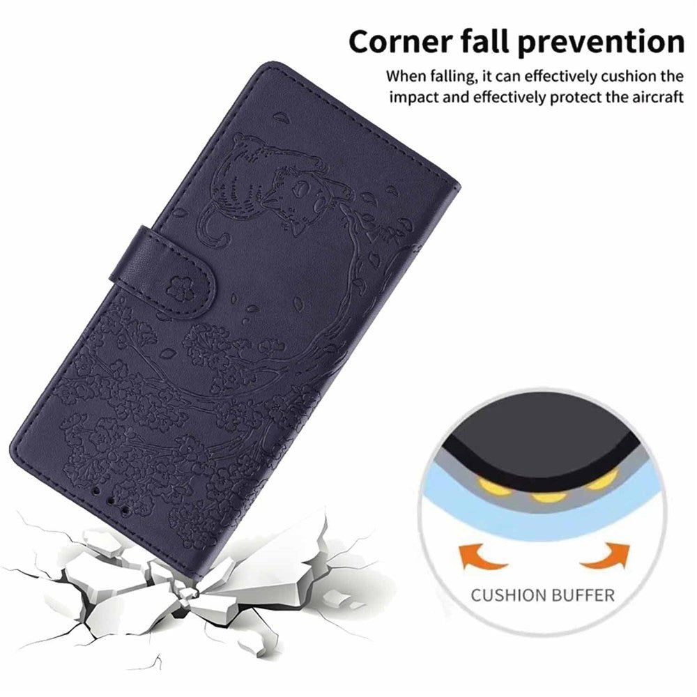For Xiaomi Poco M8 5G / Redmi Note 15 5G (Global) Stand Case Tree-and-Cat Pattern PU Leather Wallet Protective Phone Cover with Wrist Strap - Blue