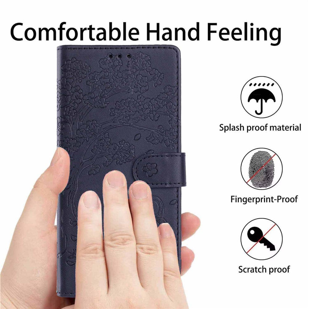 For Xiaomi Poco M8 5G / Redmi Note 15 5G (Global) Stand Case Tree-and-Cat Pattern PU Leather Wallet Protective Phone Cover with Wrist Strap - Blue