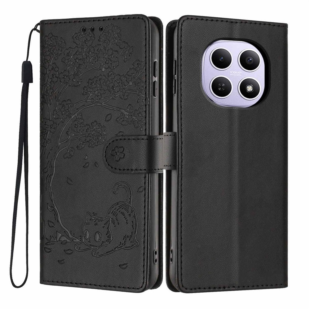 For Xiaomi Poco M8 5G / Redmi Note 15 5G (Global) Stand Case Tree-and-Cat Pattern PU Leather Wallet Protective Phone Cover with Wrist Strap - Black