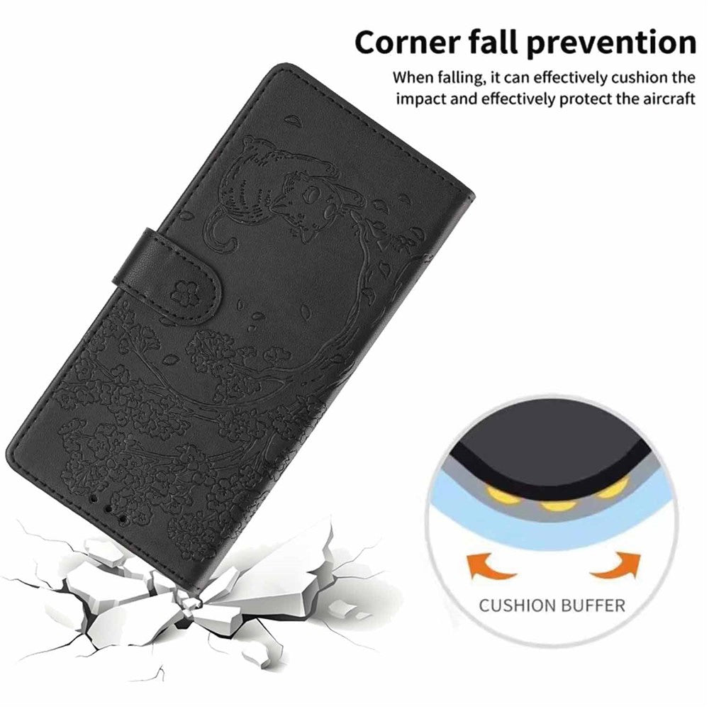 For Xiaomi Poco M8 5G / Redmi Note 15 5G (Global) Stand Case Tree-and-Cat Pattern PU Leather Wallet Protective Phone Cover with Wrist Strap - Black