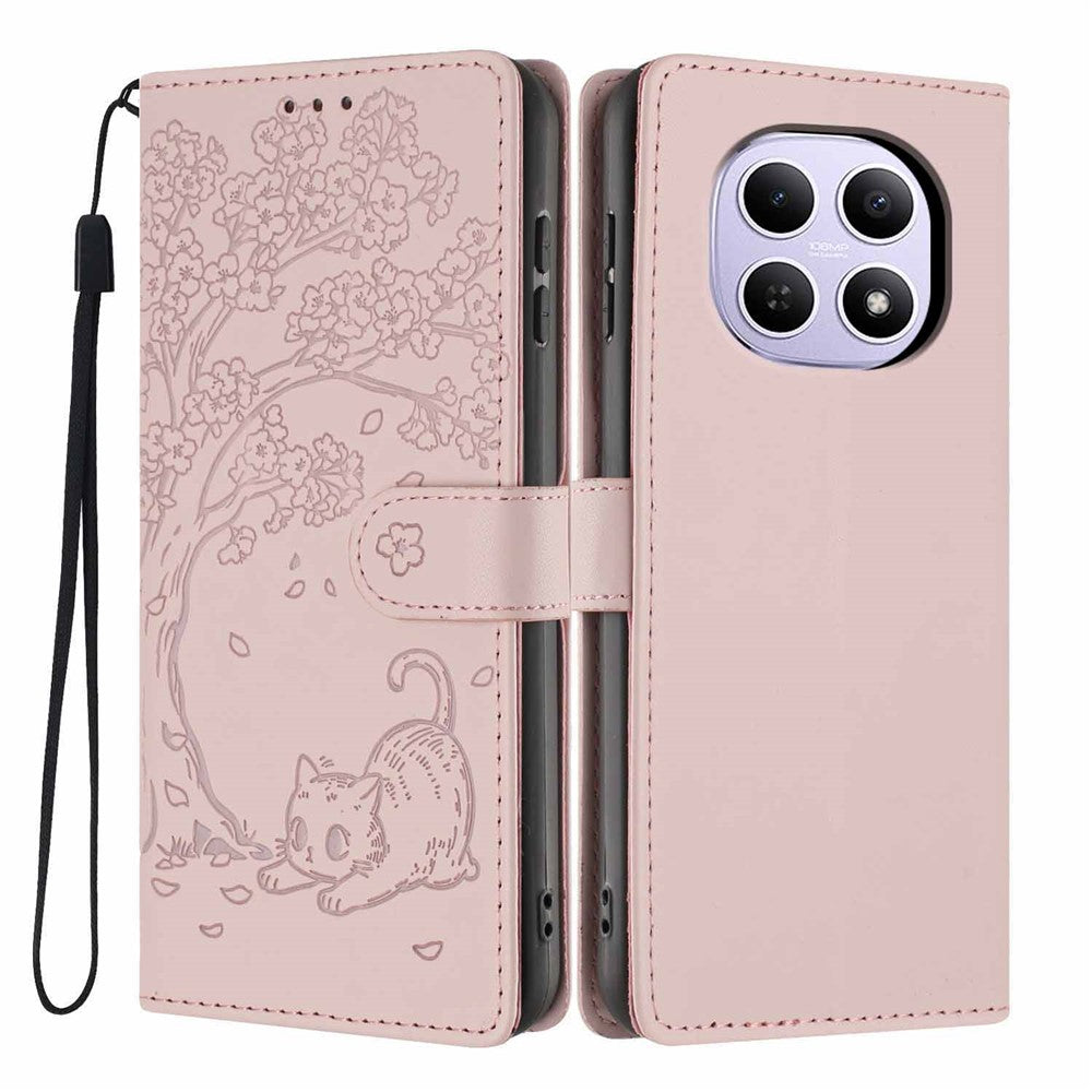 For Xiaomi Poco M8 5G / Redmi Note 15 5G (Global) Stand Case Tree-and-Cat Pattern PU Leather Wallet Protective Phone Cover with Wrist Strap - Pink