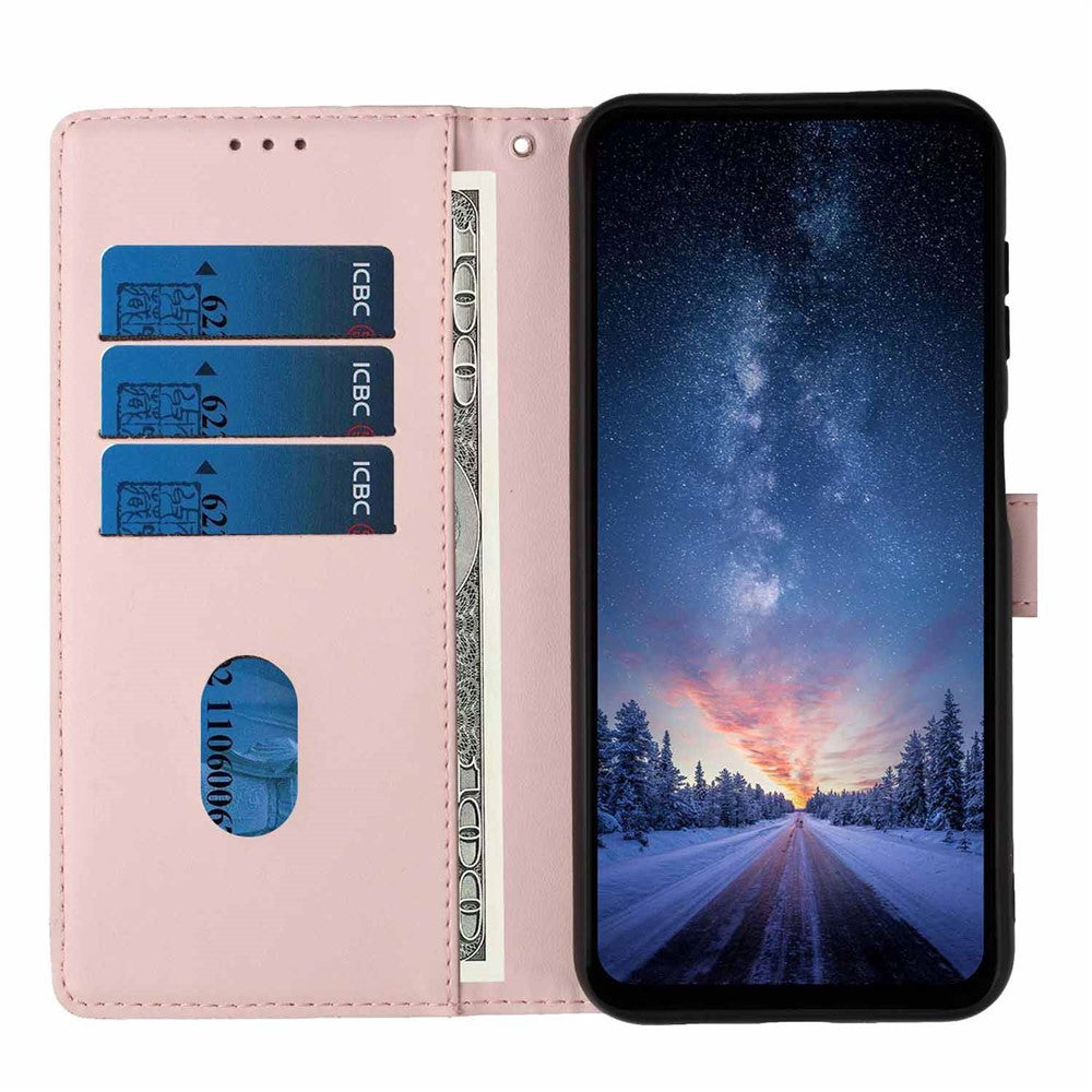 For Xiaomi Poco M8 5G / Redmi Note 15 5G (Global) Stand Case Tree-and-Cat Pattern PU Leather Wallet Protective Phone Cover with Wrist Strap - Pink