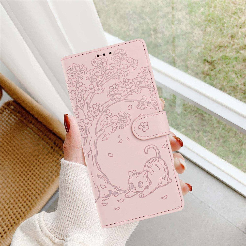 For Xiaomi Poco M8 5G / Redmi Note 15 5G (Global) Stand Case Tree-and-Cat Pattern PU Leather Wallet Protective Phone Cover with Wrist Strap - Pink