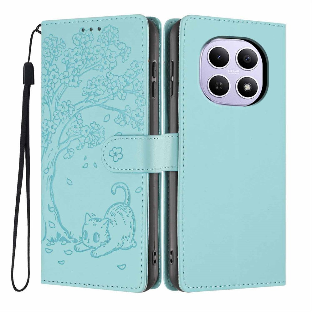 For Xiaomi Poco M8 5G / Redmi Note 15 5G (Global) Stand Case Tree-and-Cat Pattern PU Leather Wallet Protective Phone Cover with Wrist Strap - Light Green