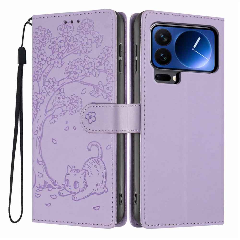 For Xiaomi 17 Pro Stand Case Tree-and-Cat Pattern PU Leather Wallet Protective Phone Cover with Wrist Strap - Purple
