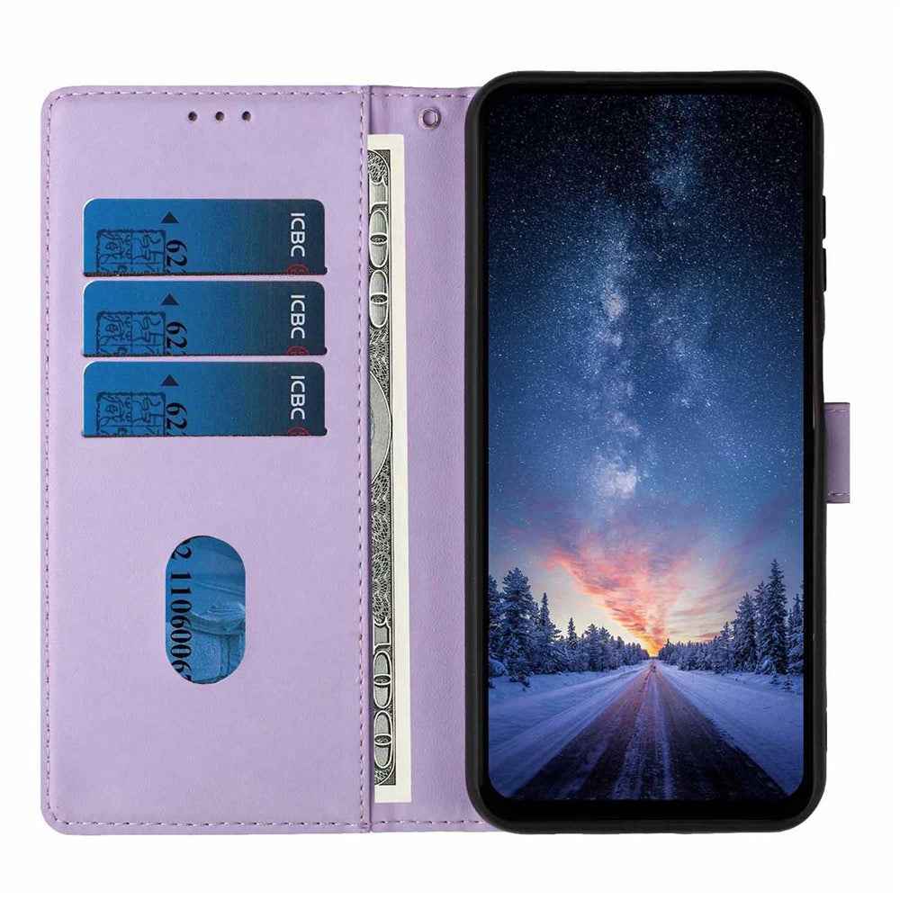 For Xiaomi 17 Pro Stand Case Tree-and-Cat Pattern PU Leather Wallet Protective Phone Cover with Wrist Strap - Purple