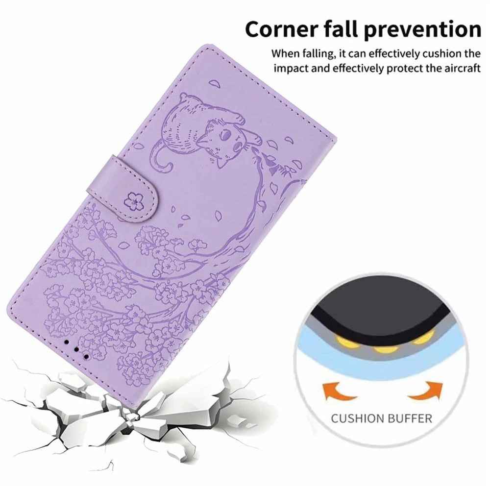 For Xiaomi 17 Pro Stand Case Tree-and-Cat Pattern PU Leather Wallet Protective Phone Cover with Wrist Strap - Purple