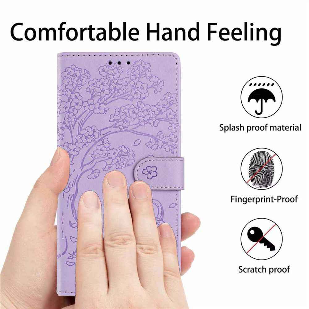 For Xiaomi 17 Pro Stand Case Tree-and-Cat Pattern PU Leather Wallet Protective Phone Cover with Wrist Strap - Purple