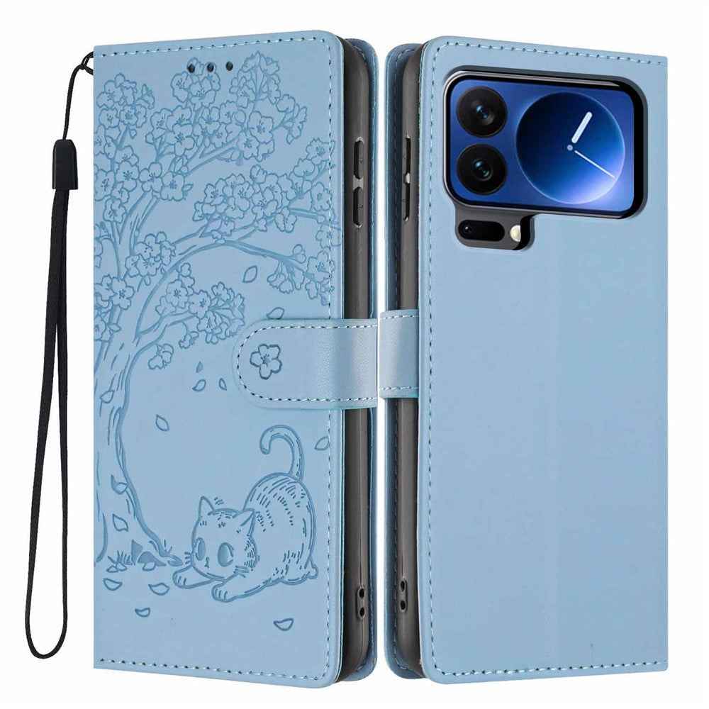 For Xiaomi 17 Pro Stand Case Tree-and-Cat Pattern PU Leather Wallet Protective Phone Cover with Wrist Strap - Sky Blue