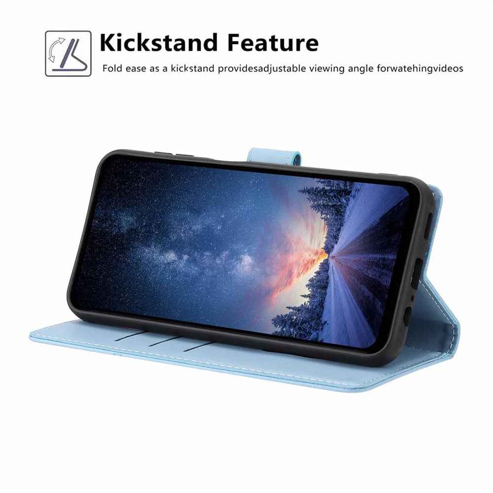For Xiaomi 17 Pro Stand Case Tree-and-Cat Pattern PU Leather Wallet Protective Phone Cover with Wrist Strap - Sky Blue