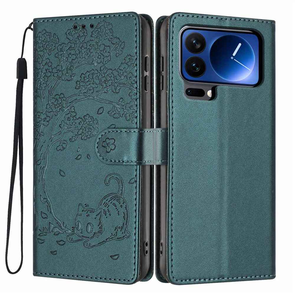 For Xiaomi 17 Pro Stand Case Tree-and-Cat Pattern PU Leather Wallet Protective Phone Cover with Wrist Strap - Blackish Green