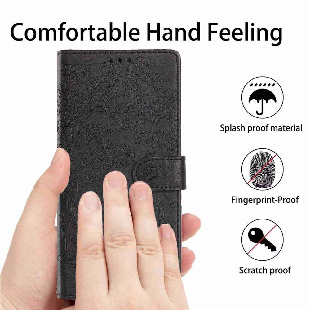 For Xiaomi 17 Pro Stand Case Tree-and-Cat Pattern PU Leather Wallet Protective Phone Cover with Wrist Strap - Black