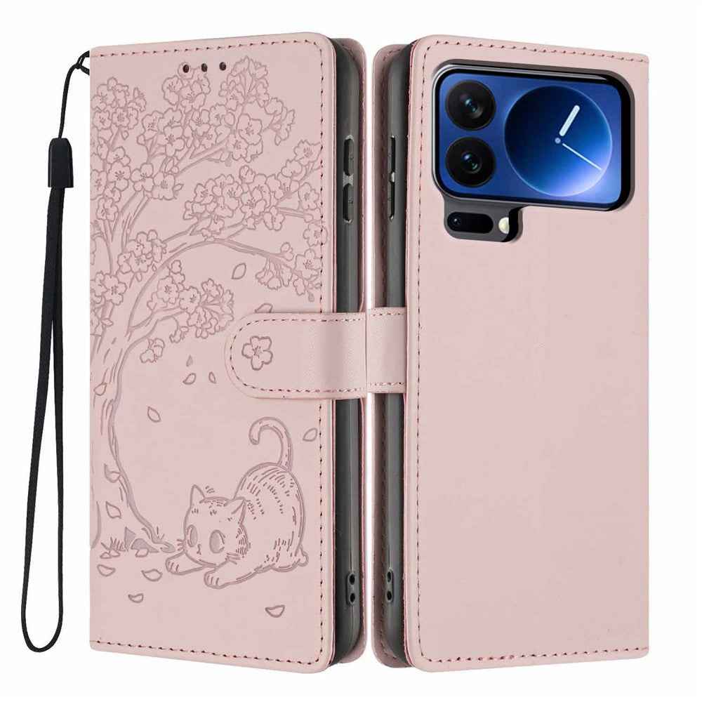 For Xiaomi 17 Pro Stand Case Tree-and-Cat Pattern PU Leather Wallet Protective Phone Cover with Wrist Strap - Pink